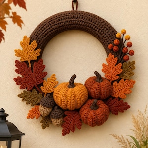 May include: A circular wreath made of dark brown crocheted yarn, decorated with three crocheted pumpkins in orange and rust tones, several crocheted autumn leaves in shades of yellow, orange, and brown, and two small crocheted acorns.