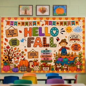 以下が含まれることがあります： HELLO FALLの文字がカラフルな柄の文字でデザインされた教室の掲示板。カカシ、カボチャ、森の動物たち、秋の葉、そしてBE KINDやBE AMAZINGといったフレーズが書かれたモチベーションを高める看板が描かれています。