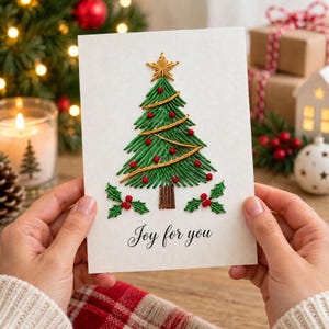 Weihnachtskarte mit Papierstickerei, DIY-Bastelset für Kinder (Fadenkunst), druckbarer Download