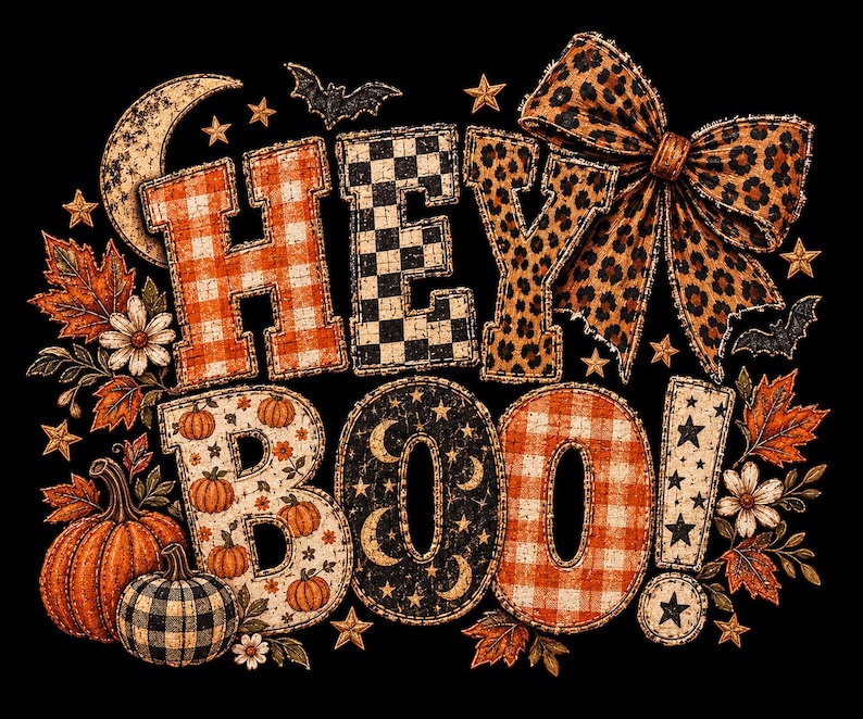 K&ouml;nnte beinhalten: Ein Grafikdesign mit dem Schriftzug HEY BOO! in verschiedenen Mustern wie orangefarbenem Karomuster, schwarz-wei&szlig;em Schachbrettmuster, Leopardenmuster und Himmelsmotiven. Das Design ist von K&uuml;rbissen, Herbstbl&auml;ttern, Sternen und Flederm&auml;usen umgeben.