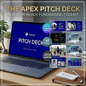 May include: A laptop displaying a pitch deck template with the text "The Apex Pitch Deck" and "Investor-Ready Fundraising Toolkit." The screen shows a blue background with the words "Pitch Deck" and "Your Website Name." Includes 16 professional slides and a bonus pitching guide PDF.