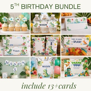 Editable Dinosaur Birthday Party Bundle, Canva Templates (Digital Download)