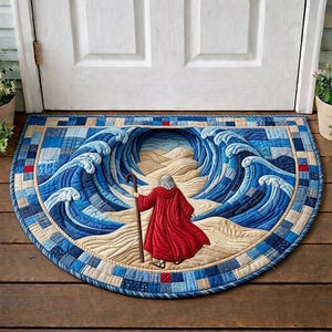Könnte beinhalten: Eine halbkreisförmige Fußmatte mit einer biblischen Szene. Die Matte zeigt eine Figur in einem roten Gewand mit einem Stab, die zwischen hohen blauen Wellen geht. Die Wellen bestehen aus Patchwork-Quadraten, und der Hintergrund ist sandfarben.