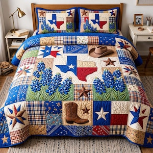 Texas Bluebonnet Bedding Set, Western Cowboy Quilt Style Comforter, Rustic Texas Flag Bed Set, Country Farmhouse Blanket With 2 Pillowcases