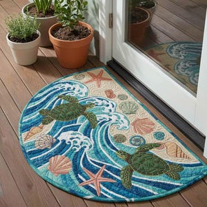 Nautische Meeresschildkröten-Willkommensmatte, Küstenstrand-Fußmatte mit Meereswellen und Muscheln, halbrunder Eingangsteppich, Strandhausdekor