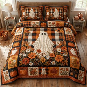 Juego de manta con estampado de calabaza fantasma con 2 fundas de almohada, manta floral de otoño para Halloween, decoración de ropa de cama espeluznante a cuadros de búfalo, regalo