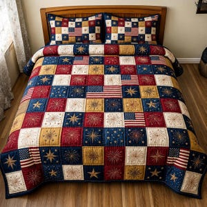 Patriotic Bedding Set, American Flag Quilt Style Comforter, 4th Of July Blanket, USA Fireworks Bed Set, Americana Decor With 2 Pillowcases
