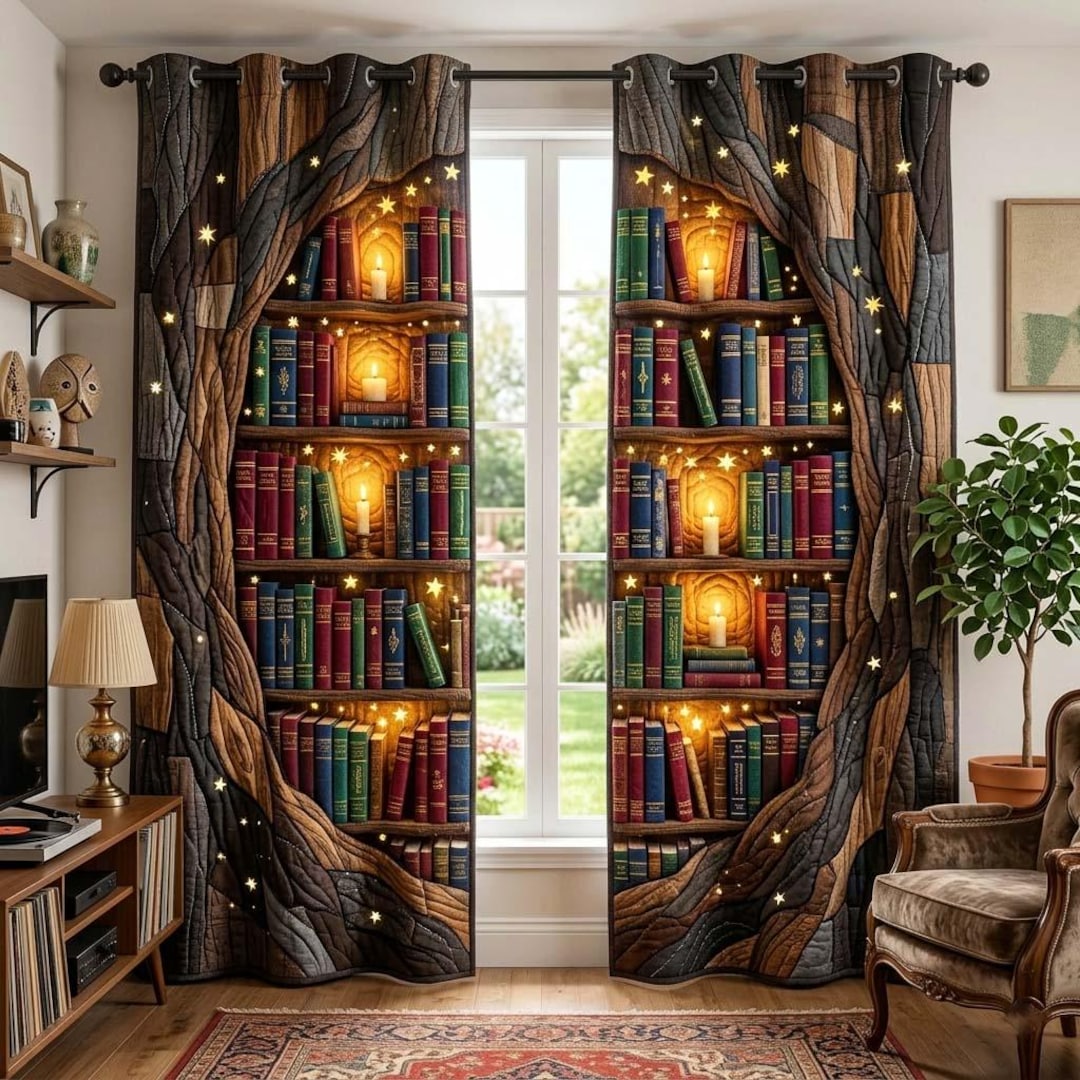 Dark Academia Library Curtains Bookshelf Window Drapes Cozy Reading ...
