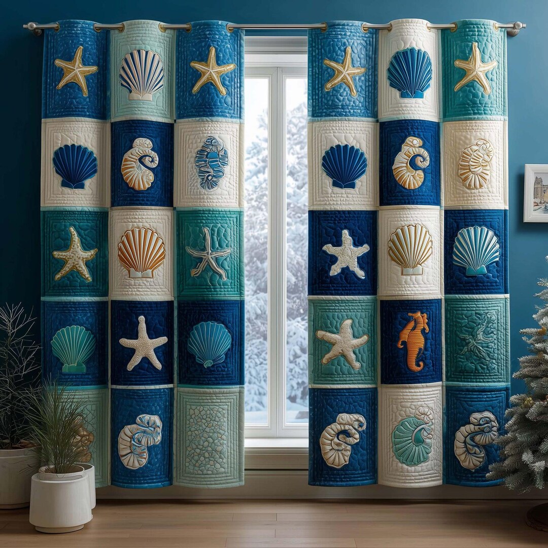 Quilted Curtains Print on Demand – Coastal Seashell Window Panels ...