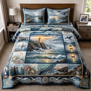 May include: A nautical-themed quilt set with a lighthouse, sailboats, and seagulls. The quilt and pillowcases display a patchwork design in blue, white, and brown. The set includes a quilt and two pillowcases, creating a coastal bedroom aesthetic.
