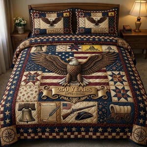 Könnte beinhalten: Ein patriotisches Steppdecken-Set mit einem amerikanischen Flaggen-Design, einem Adler, Sternen und historischen Symbolen. Die Steppdecke und Kissenbezüge sind in Rot, Weiß und Blau gehalten, mit dem Text "250 YEARS (1776-2026)" auf der Steppdecke.