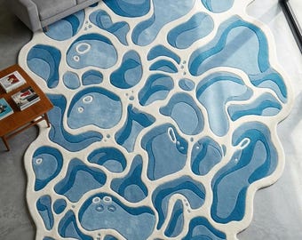 Abstract Water Ripple Tufted Rug | 3D Blue Ocean Wave Carpet | Organic Modern Area Rug