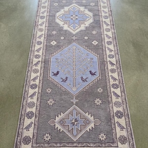 Hand Knotted Runner Rug | Scandinavian Wool Runner | Nordic Geometric Hallway Rug | Blue Gray Handmade Runner
