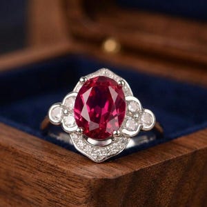May include: A silver ring featuring a large, oval-cut, deep red gemstone, encircled by smaller white gemstones. The ring has an ornate, openwork design. The ring is presented in a wooden box with a blue lining.