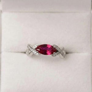 Ruby Ring, Marquise Infinity Promise Band | 925 Sterling Silver | 5x10mm Stone, CZ Side Stones