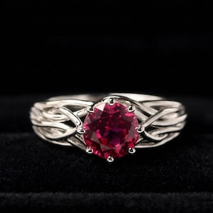 Handmade Ruby Red Garnet Ring, Sterling Silver Celtic Knot Band, Round Cut Promise Ring