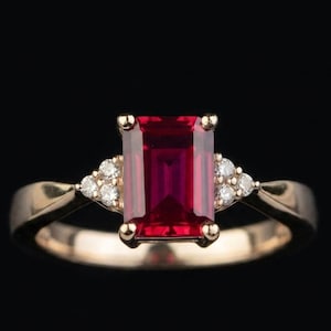Emerald Cut Lab-Created Ruby, 925 Sterling Silver Statement, CZ Accents, Red Gemstone Engagement Ring