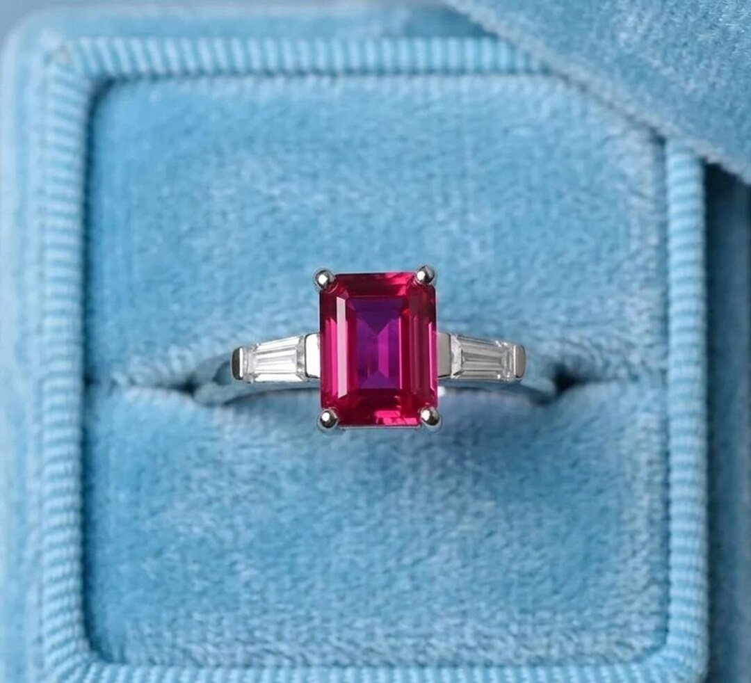 Emerald Cut Ruby Ring, Sterling Silver Art Deco Engagement Ring ...
