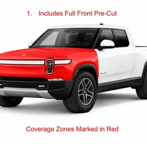 May include: A white and red pickup truck with black tires and trim. The front of the truck is red, with the text "1. Includes Full Front Pre-Cut" and "Coverage Zones Marked in Red".