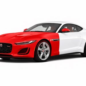 Puede incluir: Un coche deportivo bicolor, con la mitad delantera en rojo vibrante y la trasera en blanco. El coche presenta un diseño elegante, llantas de aleación y una parrilla negra. El vehículo está sobre un fondo blanco.