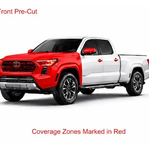 May include: A white and red Toyota pickup truck with black wheels. The front of the truck is red, with the text "Includes Full Front Pre-Cut" at the top and "Coverage Zones Marked in Red" at the bottom.