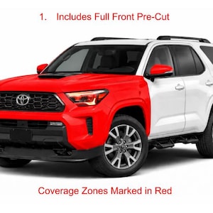 May include: A white and red SUV with the front end highlighted in red. The text "1. Includes Full Front Pre-Cut" and "Coverage Zones Marked in Red" are visible. The vehicle has black accents and silver wheels.