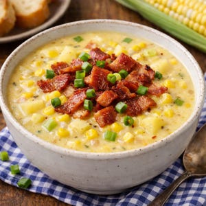 May include: A bowl of creamy corn chowder topped with crispy bacon and chopped green onions. The soup contains corn kernels and potato chunks. Served on a blue and white checkered napkin.