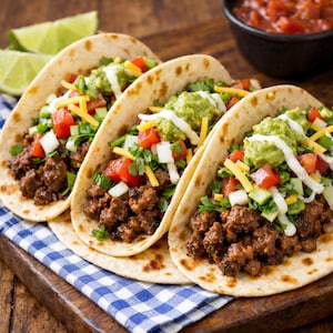 Può includere: Tre morbide tortillas di farina ripiene di carne macinata condita, guarnite con pomodori a cubetti, cipolle bianche, formaggio cheddar grattugiato, coriandolo fresco, un cucchiaio di guacamole verde e un filo di salsa alla panna bianca, servite con spicchi di lime.