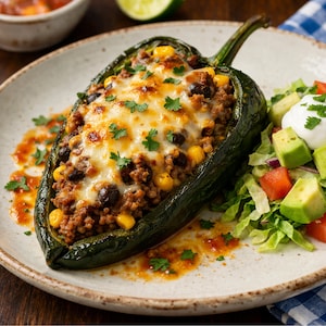 Può includere: Un peperone poblano ripieno di formaggio fuso, carne macinata, fagioli neri e mais, servito su un piatto bianco con un'insalata di lattuga, avocado e pomodori. Una piccola ciotola di salsa è sullo sfondo.