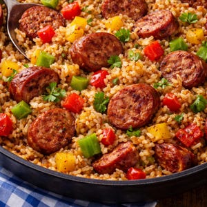 May include: A close-up shot of a pan filled with jambalaya. The dish features sliced sausage, colorful bell peppers, and rice. Garnished with fresh parsley, the dish is a vibrant mix of textures and colors, perfect for a hearty meal.