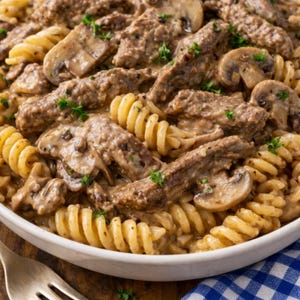 May include: A close-up shot of a white bowl filled with pasta, beef, and mushrooms in a creamy sauce. The pasta is a spiral shape, and the beef is sliced. Fresh parsley is sprinkled on top. The dish is on a wooden surface.