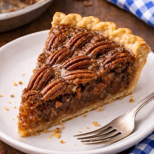 Puede incluir: Una porción de tarta de nueces pecanas en un plato blanco con un tenedor. La tarta tiene una corteza dorada y está rellena de un relleno oscuro y brillante de nueces pecanas.