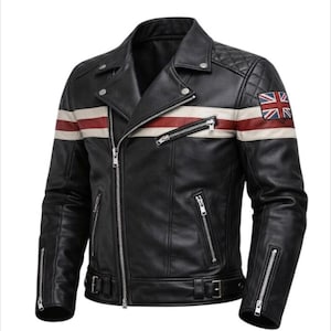 May include: Black leather jacket with a diagonal zipper, multiple zippered pockets, and a quilted shoulder design. Features white and red stripes across the chest and a Union Jack patch on the upper arm.
