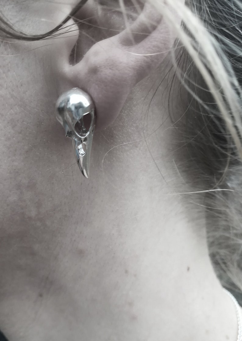 Single Raven Skull Earstud, Sterling Silver image 4