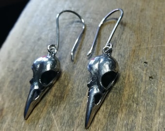Small Raven Skull Earrings, Sterling Silver - 25mm