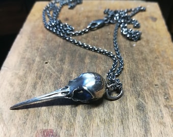 Large Hummingbird Skull Necklace, Sterling Silver