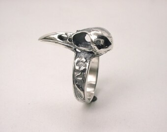 Tiny Raven Skull Ring, Sterling Silver