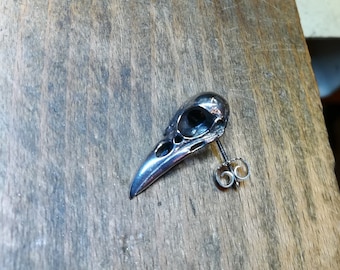 Single Raven Skull Earstud, Sterling Silver