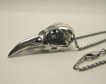Raven Skull Necklace, Sterling Silver