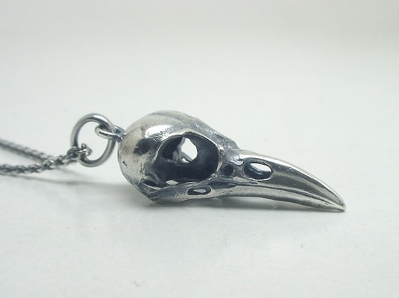 Tiny Raven Skull Necklace, Sterling Silver, 1 inch