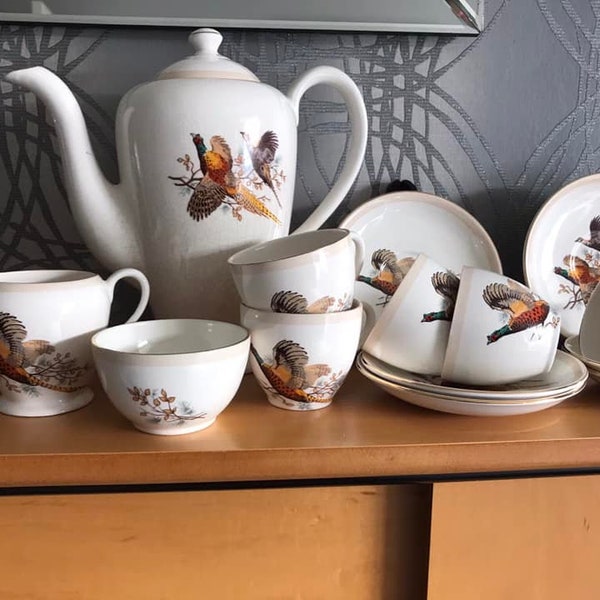 Vintage Victoria & Trentham Demi Tasse 15pc Coffee Set - Pheasants, Game , Bird