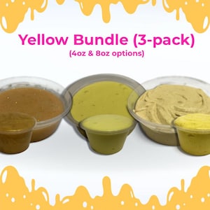 May include: A Yellow Bundle (3-pack) featuring three clear plastic containers of slime in varying shades of yellow and tan, with 4oz & 8oz options text visible. The set includes a smooth tan slime, a bright yellow slime, and a textured beige slime.