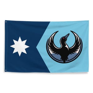 May include: A rectangular flag with a dark blue background on the left side and a light blue background on the right. A white eight-pointed star is on the left. A black bird with red eyes is in the center.