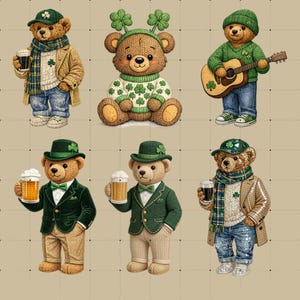 Lucky Teddy Bear PNG Bundle, St Patricks Day Faux Yarn Shamrock Bear, Realistic Knitting Crochet Style Lucky Bear