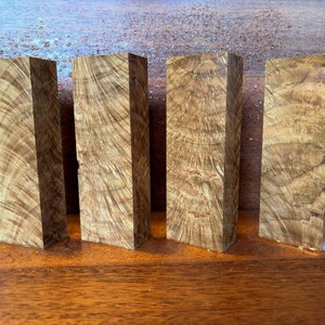 Puede incluir: Cuatro bloques rectangulares de madera de color marrón claro con un patrón de veta arremolinado. Cada pieza presenta una superficie lisa y pulida con anillos visibles de color tostado claro y oscuro que irradian a través de la veta.