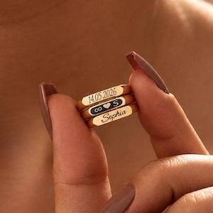 Personalized Name Date Ring, Stackable Gold Band, Minimalist Engraved Jewelry
