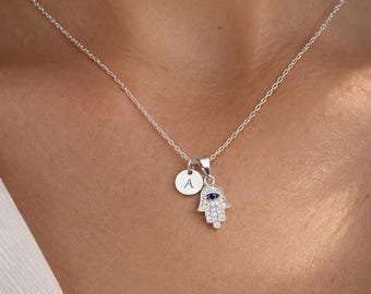 Hamsa Necklace, 925 Sterling Silver Initial Charm With Evil Eye Hand