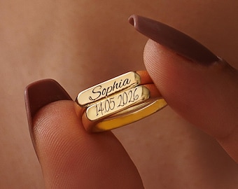 Bague personnalisée avec nom et date, anneau empilable en or, bijou minimaliste gravé