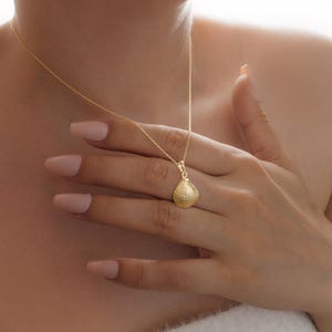 May include: A gold necklace featuring a delicate chain and a textured seashell pendant. The pendant is shaped like a small bivalve shell with fine, radiating ridges across its surface, suspended from a simple gold bail on a thin gold chain.