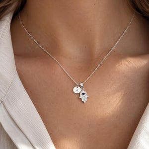 Hamsa Necklace, 925 Sterling Silver Initial Charm With Evil Eye Hand